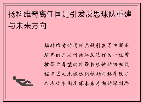 扬科维奇离任国足引发反思球队重建与未来方向